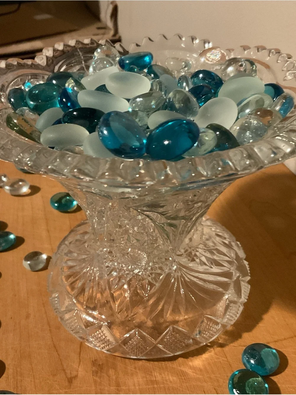 Cut Glass Compote Filled with Blue & Aqua Glass Gems